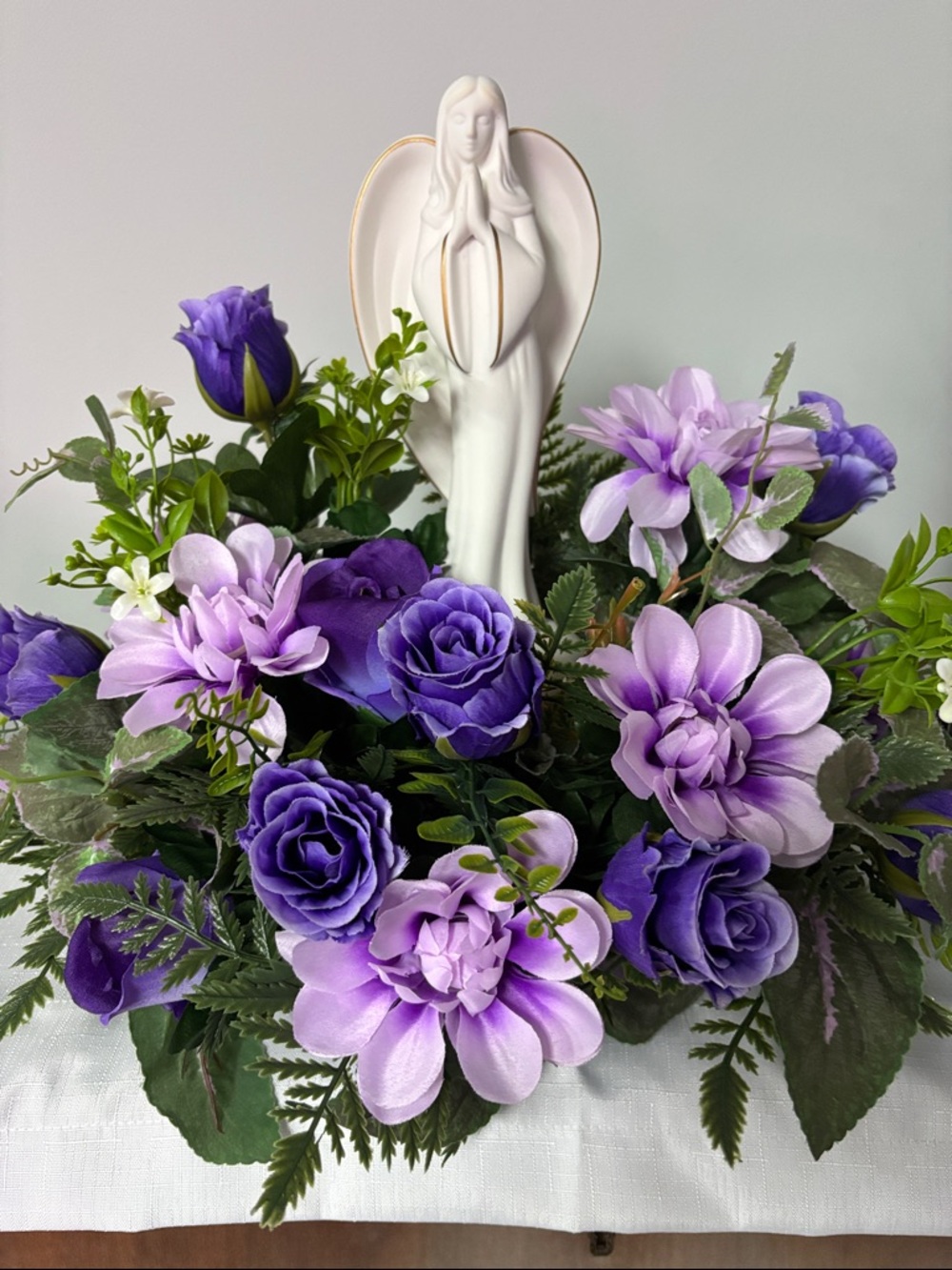 White Ceramic Angel Faux Floral Arrangement in Purple